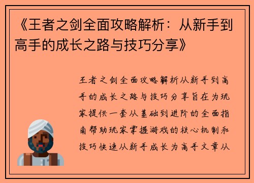 《王者之剑全面攻略解析：从新手到高手的成长之路与技巧分享》